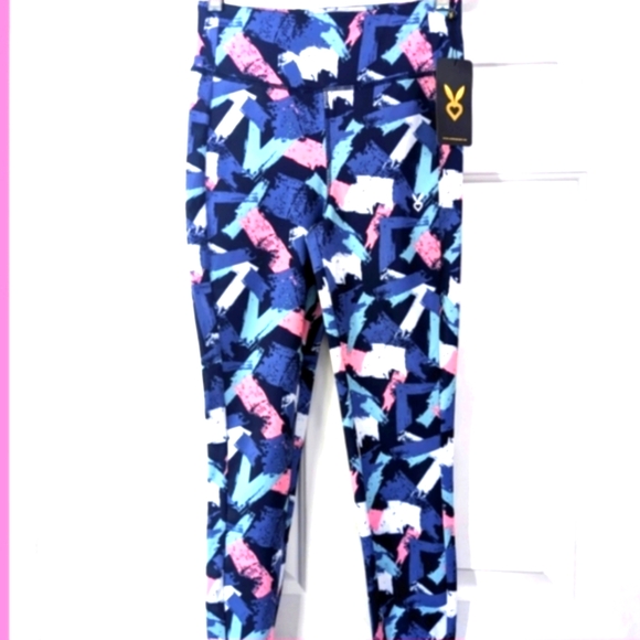 Athletic leggings, blue pink print, yoga pants, athliesurewear, medium - Picture 3 of 9
